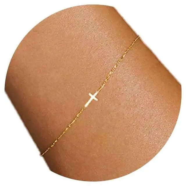 Main image of 18K Gold Plated Tiny Sideways Cross Bracelets for Women Adjustable Simple Gold Thin Religious Charm Bracelet Stainless Steel Dainty Link Chain Bracelet Baptism Jewelry