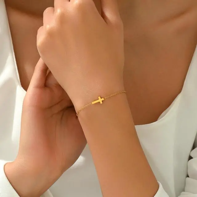 Alt view image 5 of 7 - 18K Gold Plated Tiny Sideways Cross Bracelets for Women Adjustable Simple Gold Thin Religious Charm Bracelet Stainless Steel Dainty Link Chain Bracelet Baptism Jewelry