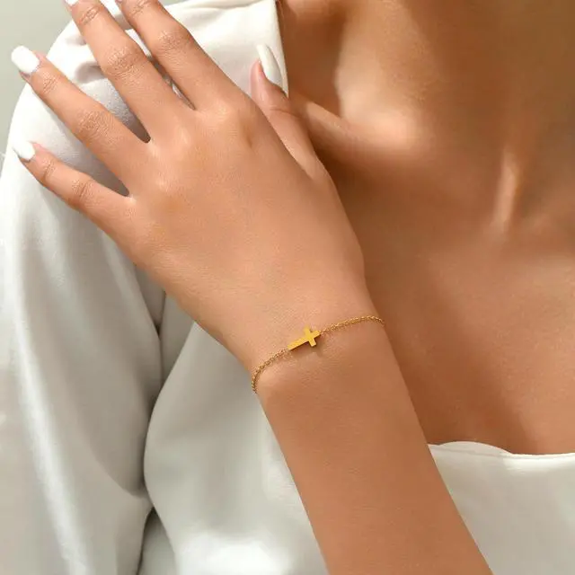 Alt view image 4 of 7 - 18K Gold Plated Tiny Sideways Cross Bracelets for Women Adjustable Simple Gold Thin Religious Charm Bracelet Stainless Steel Dainty Link Chain Bracelet Baptism Jewelry