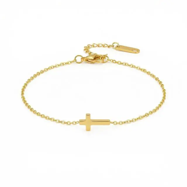 Alt view image 6 of 7 - 18K Gold Plated Tiny Sideways Cross Bracelets for Women Adjustable Simple Gold Thin Religious Charm Bracelet Stainless Steel Dainty Link Chain Bracelet Baptism Jewelry