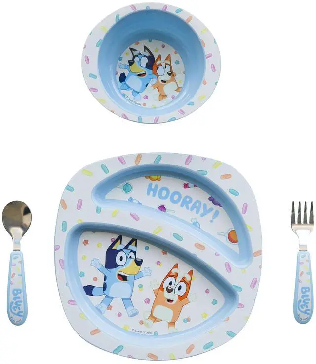 Main image of Bluey 4-Piece Place Setting - BPA Free Dishwasher Safe Toddler Dinnerware Set with Divided Plate, Bowl, Fork, Spoon - Multicolor