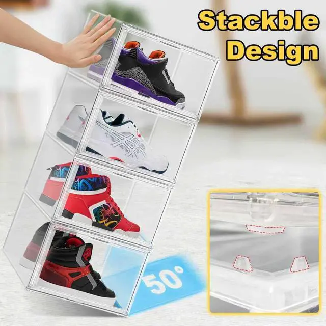 Alt view image 4 of 6 - Clear Shoe Boxes Plastic Stackable Shoe Cabinet with Acrylic Magnetic Lids Drop Side Sneaker Display Case for Closet, Entryway, Fits Men's or Women's Shoes up to Size 12.5 (14.17''x10.62''x8.07'')