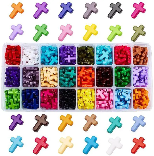 Main image of 480pcs Acrylic Cross Beads 24 Color Easter Chunky Beads Colorful Cross Charms Spacer Loose Beads for Eid Mubarak Ramadan Christmas Decoration Jewelry Necklace Bracelets Earring Making