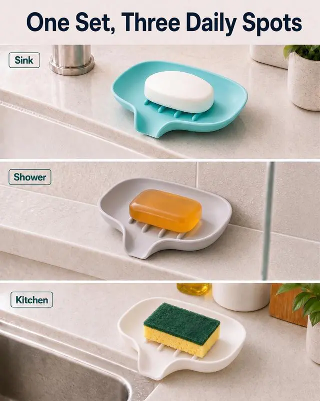 Alt view image 5 of 7 - 3 Pack Silicone Soap Dish with Drain, Bar Soap Holder for Shower/Bathroom, Self Draining Waterfall Soap Tray/Saver for Kitchen, Keep Soap Dry, Easy to Clean