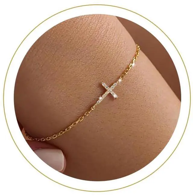 Main image of Dainty 14k Gold Plated Cross Bracelet - Trendy Religious CZ Bracelets for Women Christian Jewelry Gifts