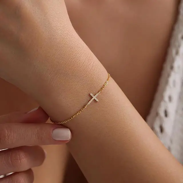 Alt view image 2 of 7 - Dainty 14k Gold Plated Cross Bracelet - Trendy Religious CZ Bracelets for Women Christian Jewelry Gifts