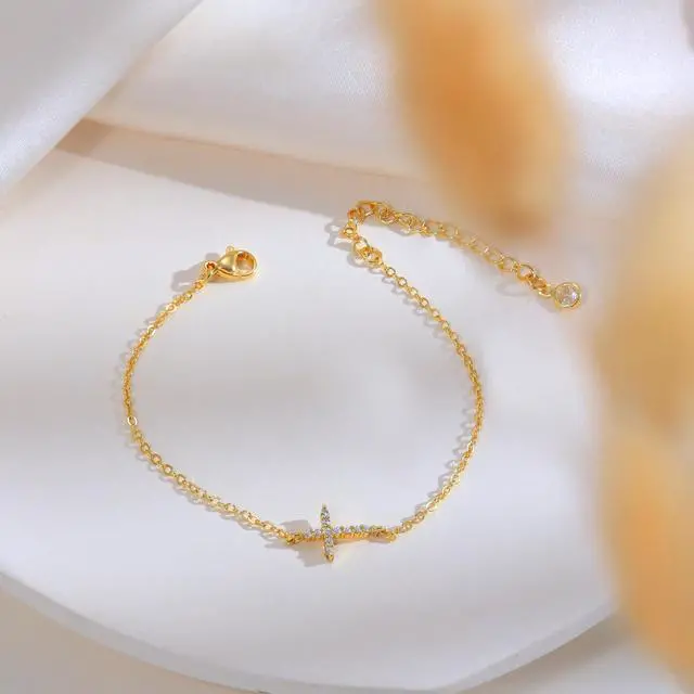 Alt view image 5 of 7 - Dainty 14k Gold Plated Cross Bracelet - Trendy Religious CZ Bracelets for Women Christian Jewelry Gifts