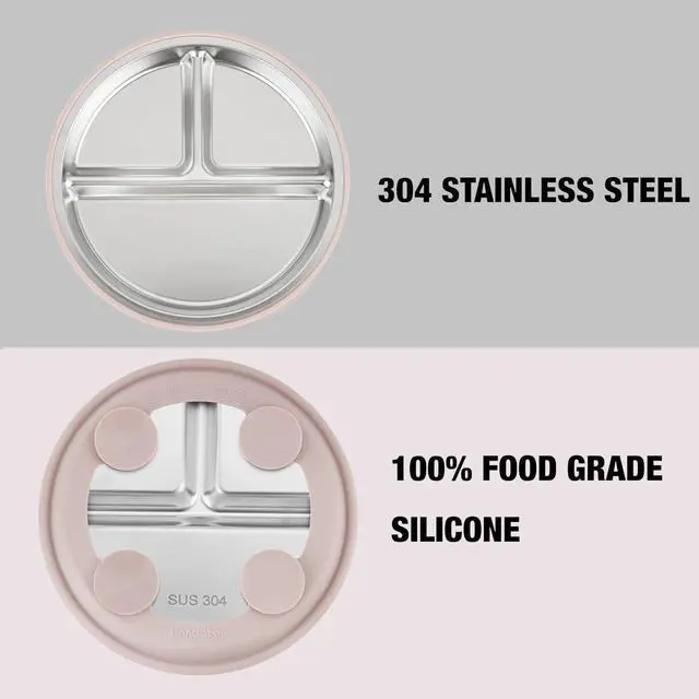 Alt view image 2 of 4 - 3 Pack Stainless Steel Toddler Plates with Suction, Divided Plates with Removable Silicone Sleeve for Babies & ToddlersPink/Green/Linen