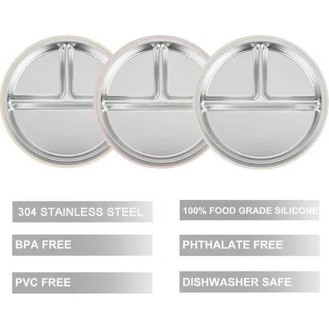 Alt view image 3 of 4 - 3 Pack Stainless Steel Toddler Plates with Suction, Divided Plates with Removable Silicone Sleeve for Babies & ToddlersPink/Green/Linen