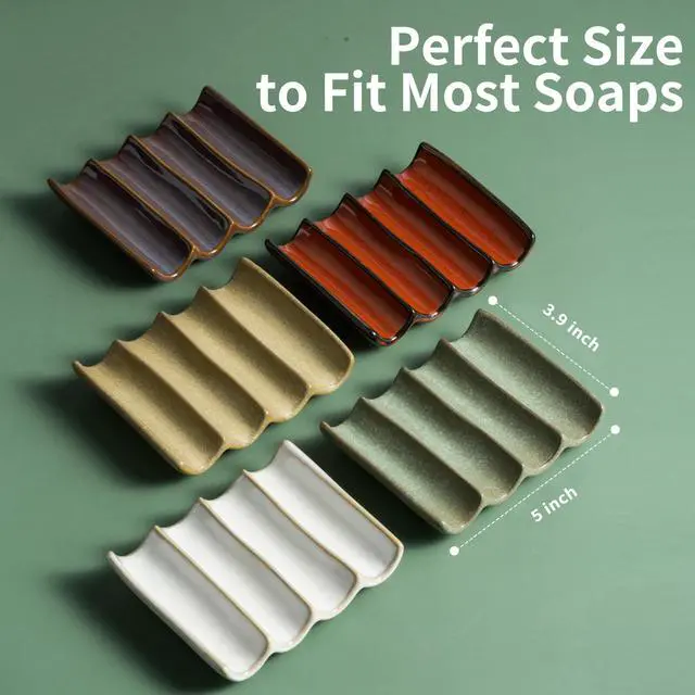 Alt view image 5 of 7 - Draining Ceramic Soap Dish - Fluted Design, Bar Soap Holder for Shower & Bathroom, Soap Saver Sponge Lift, Green