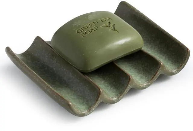 Main image of Draining Ceramic Soap Dish - Fluted Design, Bar Soap Holder for Shower & Bathroom, Soap Saver Sponge Lift, Green