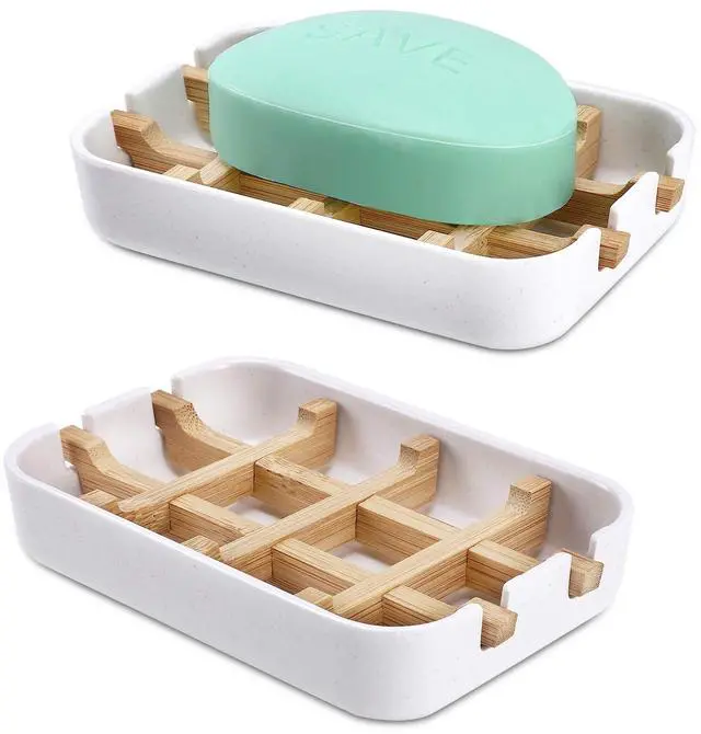Main image of Bamboo Wooden Soap Dishes for Bathroom Bar Soap Holder Shower Soap Holder Sink Deck Bathtub Shower Tray (Two Pieces White)