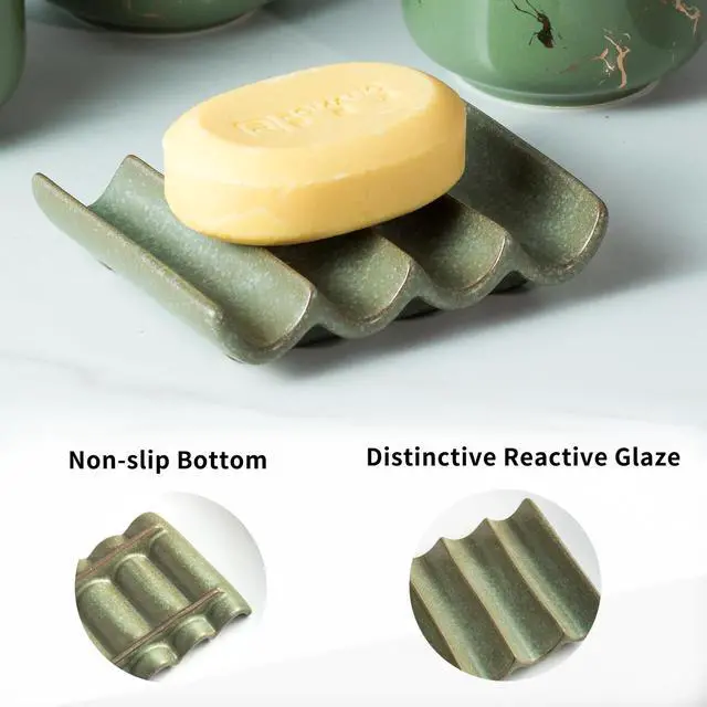 Alt view image 6 of 7 - Draining Ceramic Soap Dish - Fluted Design, Bar Soap Holder for Shower & Bathroom, Soap Saver Sponge Lift, Green