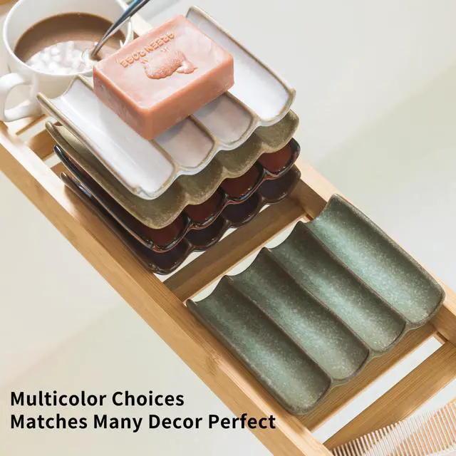 Alt view image 4 of 7 - Draining Ceramic Soap Dish - Fluted Design, Bar Soap Holder for Shower & Bathroom, Soap Saver Sponge Lift, Green