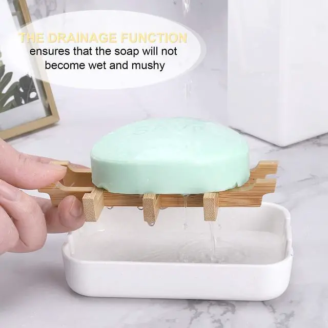 Alt view image 4 of 7 - Bamboo Wooden Soap Dishes for Bathroom Bar Soap Holder Shower Soap Holder Sink Deck Bathtub Shower Tray (Two Pieces White)