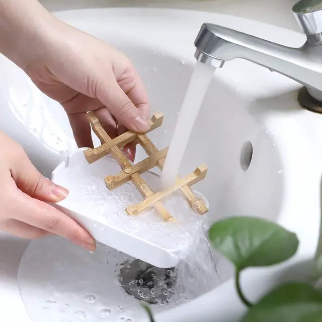 Alt view image 5 of 7 - Bamboo Wooden Soap Dishes for Bathroom Bar Soap Holder Shower Soap Holder Sink Deck Bathtub Shower Tray (Two Pieces White)