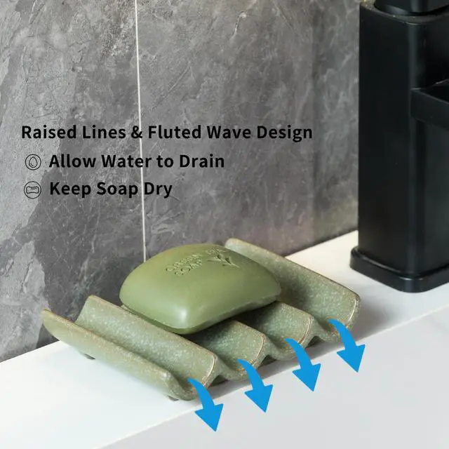 Alt view image 3 of 7 - Draining Ceramic Soap Dish - Fluted Design, Bar Soap Holder for Shower & Bathroom, Soap Saver Sponge Lift, Green