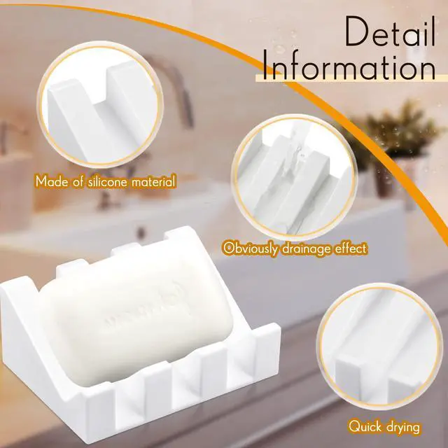 Alt view image 3 of 7 - 2 Pieces Silicone Soap Dish Self Draining Soap Dish Shower Waterfall Bar Soap Holder Tray with Drain Soap Saver for Kitchen Bathroom Accessories (Bright White)