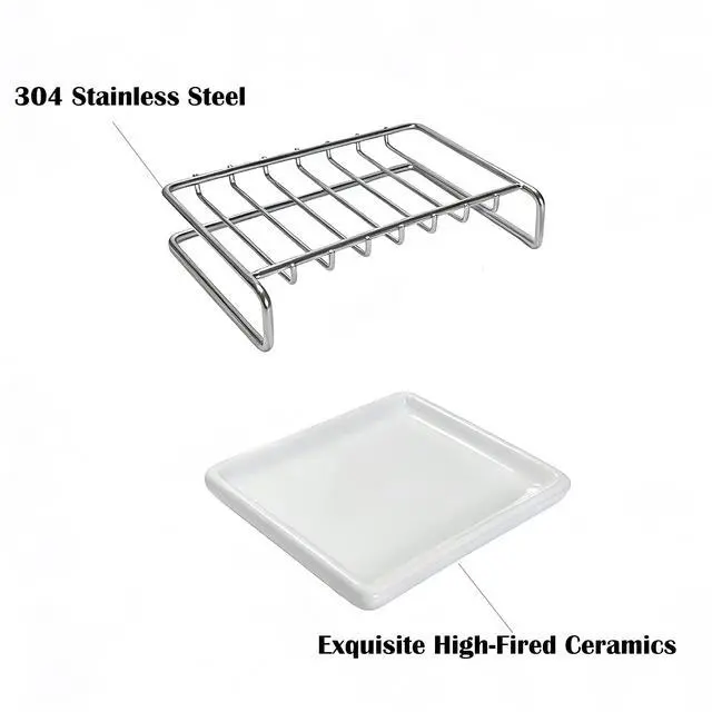 Alt view image 3 of 7 - Soap Dish, Stainless Steel Self Draining Bar Soap Holder with Ceramic Water Tray, Soap Dish Holder for Shower, Bathroom, Sink, Kitchen and Countertop