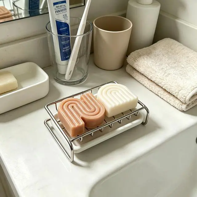 Alt view image 4 of 7 - Soap Dish, Stainless Steel Self Draining Bar Soap Holder with Ceramic Water Tray, Soap Dish Holder for Shower, Bathroom, Sink, Kitchen and Countertop