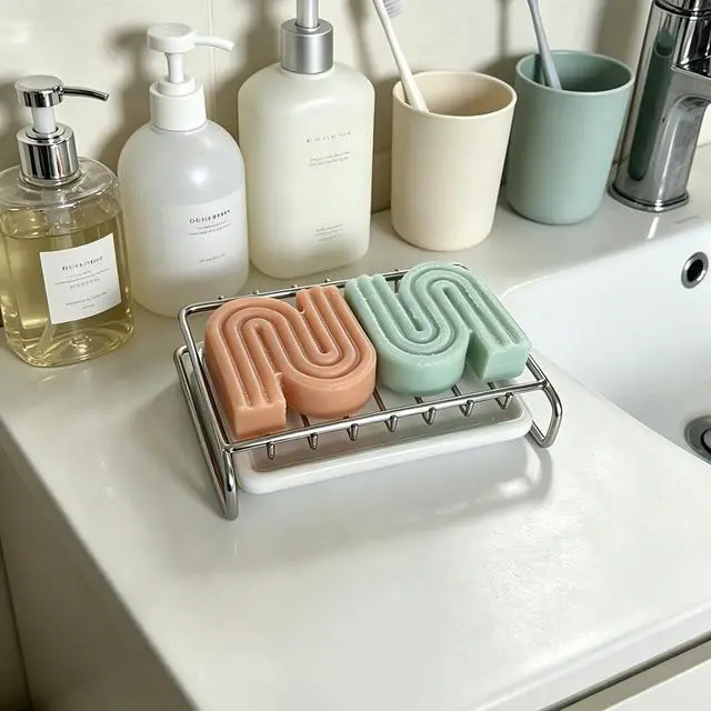 Alt view image 6 of 7 - Soap Dish, Stainless Steel Self Draining Bar Soap Holder with Ceramic Water Tray, Soap Dish Holder for Shower, Bathroom, Sink, Kitchen and Countertop