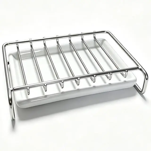 Alt view image 7 of 7 - Soap Dish, Stainless Steel Self Draining Bar Soap Holder with Ceramic Water Tray, Soap Dish Holder for Shower, Bathroom, Sink, Kitchen and Countertop