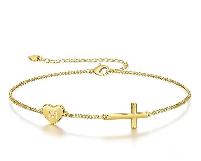 Main image of 14k Gold Plated Initial Cross Bracelets for Women, Silver Dainty Cute Heart Name Letter Bracelet for Teen Trendy Stuff Confirmation Religious Christian Jewelry Birthday Graduation Gifts