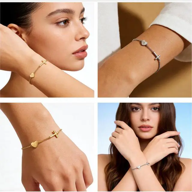 Alt view image 2 of 6 - 14k Gold Plated Initial Cross Bracelets for Women, Silver Dainty Cute Heart Name Letter Bracelet for Teen Trendy Stuff Confirmation Religious Christian Jewelry Birthday Graduation Gifts