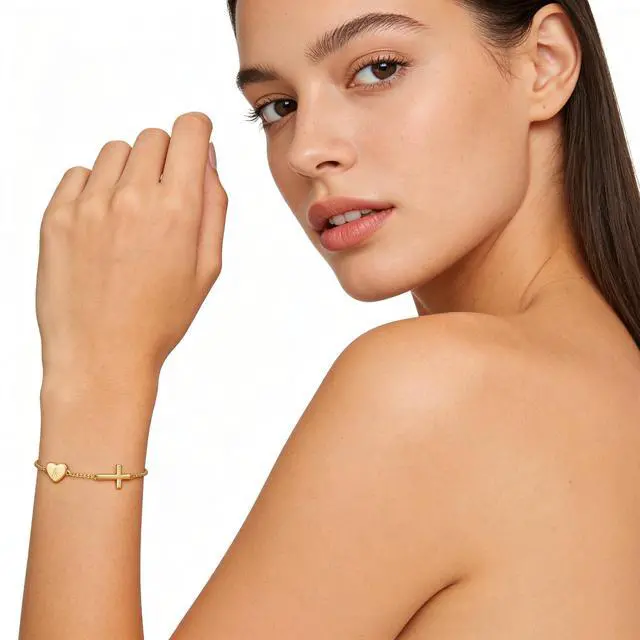 Alt view image 4 of 6 - 14k Gold Plated Initial Cross Bracelets for Women, Silver Dainty Cute Heart Name Letter Bracelet for Teen Trendy Stuff Confirmation Religious Christian Jewelry Birthday Graduation Gifts