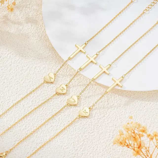 Alt view image 5 of 6 - 14k Gold Plated Initial Cross Bracelets for Women, Silver Dainty Cute Heart Name Letter Bracelet for Teen Trendy Stuff Confirmation Religious Christian Jewelry Birthday Graduation Gifts