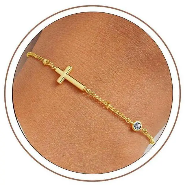 Main image of Cross Bracelet for Women 14K Gold Plated Cross Charm Bracelet with Created Alexandrite June Birthstone Jewelry, Birthday Gifts for Catholic Women Christians