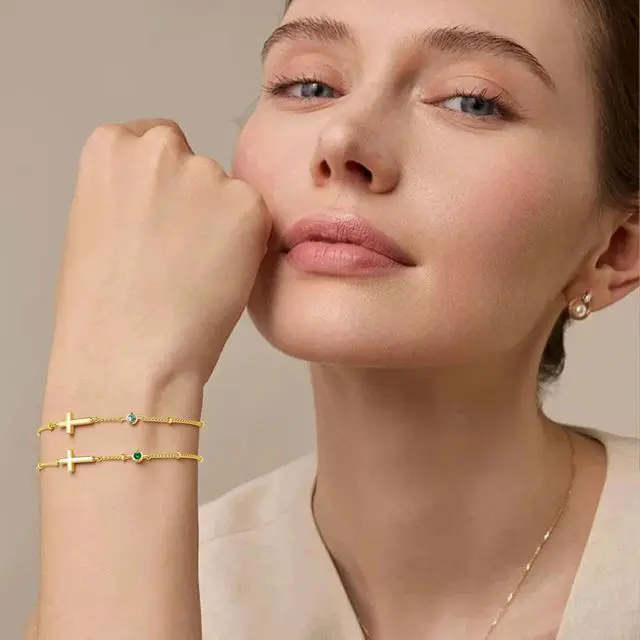 Alt view image 2 of 7 - Cross Bracelet for Women 14K Gold Plated Cross Charm Bracelet with Created Alexandrite June Birthstone Jewelry, Birthday Gifts for Catholic Women Christians