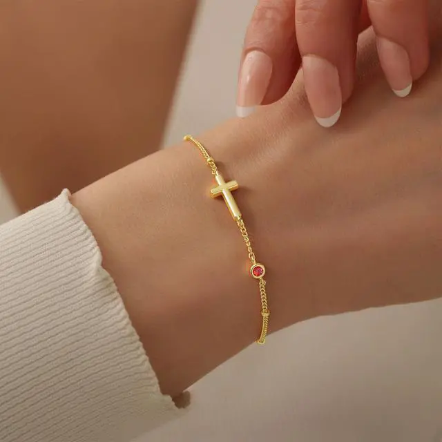 Alt view image 4 of 7 - Cross Bracelet for Women 14K Gold Plated Cross Charm Bracelet with Created Alexandrite June Birthstone Jewelry, Birthday Gifts for Catholic Women Christians