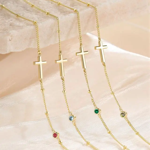 Alt view image 6 of 7 - Cross Bracelet for Women 14K Gold Plated Cross Charm Bracelet with Created Alexandrite June Birthstone Jewelry, Birthday Gifts for Catholic Women Christians
