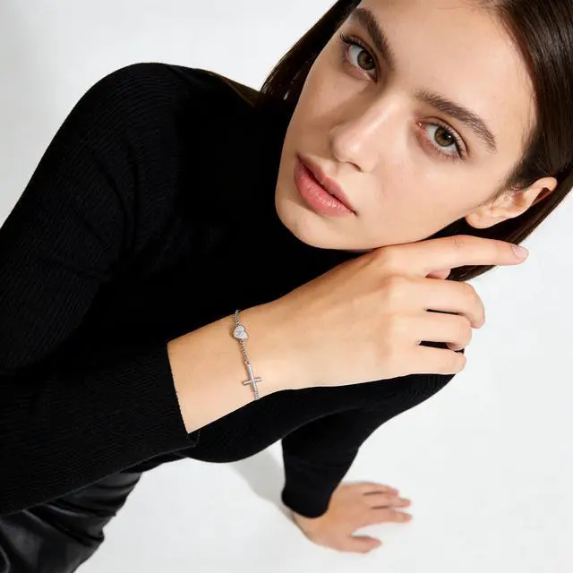 Alt view image 3 of 6 - 14k Gold Plated Initial Cross Bracelets for Women, Silver Dainty Cute Heart Name Letter Bracelet for Teen Trendy Stuff Confirmation Religious Christian Jewelry Birthday Graduation Gifts