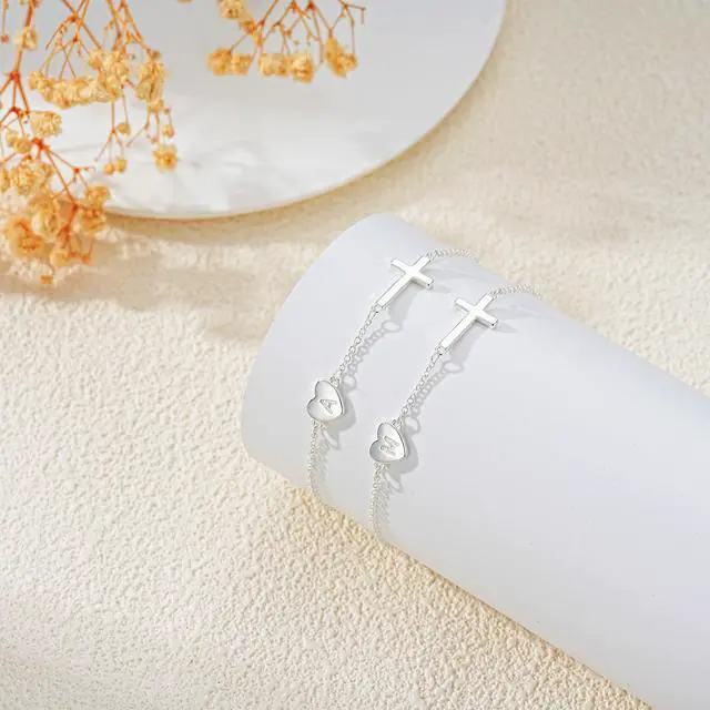 Alt view image 6 of 6 - 14k Gold Plated Initial Cross Bracelets for Women, Silver Dainty Cute Heart Name Letter Bracelet for Teen Trendy Stuff Confirmation Religious Christian Jewelry Birthday Graduation Gifts
