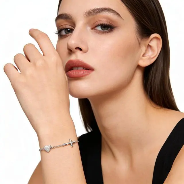 Alt view image 4 of 6 - 14k Gold Plated Initial Cross Bracelets for Women, Silver Dainty Cute Heart Name Letter Bracelet for Teen Trendy Stuff Confirmation Religious Christian Jewelry Birthday Graduation Gifts