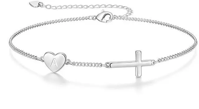 Main image of 14k Gold Plated Initial Cross Bracelets for Women, Silver Dainty Cute Heart Name Letter Bracelet for Teen Trendy Stuff Confirmation Religious Christian Jewelry Birthday Graduation Gifts