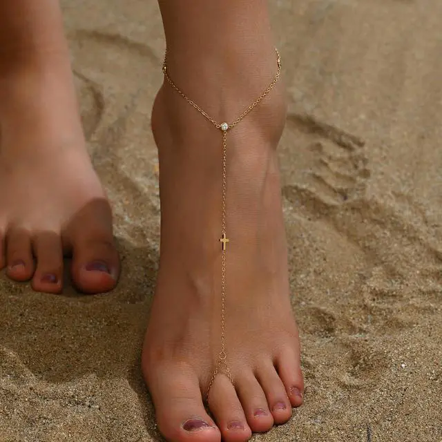 Alt view image 2 of 7 - Dainty Ankle Bracelets for Women 18K Gold Plated Tiny Cross Satellite Chain Anklets Y Shaped CZ Ankle Bracelet Jewelry Minimalist Beach Foot Jewelry for Women