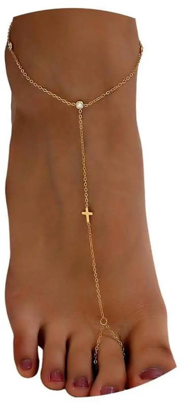 Main image of Dainty Ankle Bracelets for Women 18K Gold Plated Tiny Cross Satellite Chain Anklets Y Shaped CZ Ankle Bracelet Jewelry Minimalist Beach Foot Jewelry for Women