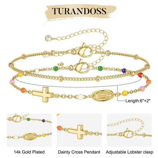Alt view image 5 of 7 - Cross Bracelet for Women - 14K Gold Plated Virgin Mary Cross Bracelets for Women Trendy Dainty Virgin Mary Bracelet Christian Baptism Religious Faith Jewelry Gifts