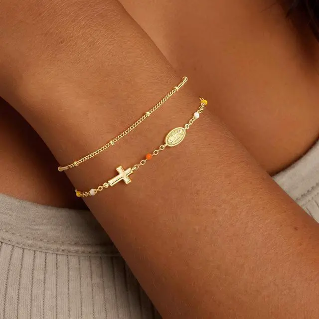 Alt view image 2 of 7 - Cross Bracelet for Women - 14K Gold Plated Virgin Mary Cross Bracelets for Women Trendy Dainty Virgin Mary Bracelet Christian Baptism Religious Faith Jewelry Gifts
