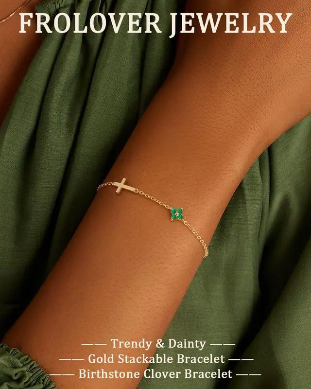 Alt view image 2 of 7 - Birthstone Gold Bracelets for Women Non Tarnish Trendy Clover Cross Bracelet Dainty 14K Gold Plated Blue Green Emerald Bracelets Jewelry Gifts for Christian Confirmation Baptism Religious