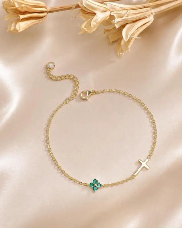 Alt view image 5 of 7 - Birthstone Gold Bracelets for Women Non Tarnish Trendy Clover Cross Bracelet Dainty 14K Gold Plated Blue Green Emerald Bracelets Jewelry Gifts for Christian Confirmation Baptism Religious