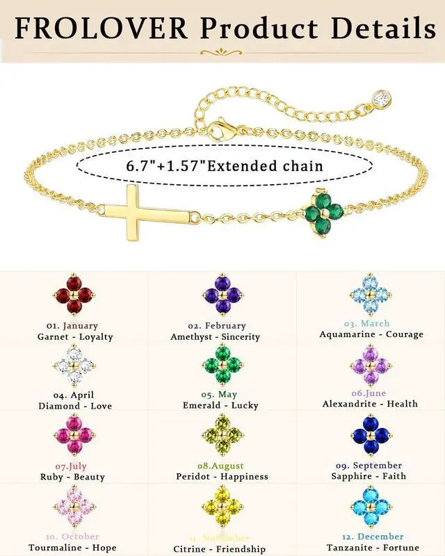 Alt view image 6 of 7 - Birthstone Gold Bracelets for Women Non Tarnish Trendy Clover Cross Bracelet Dainty 14K Gold Plated Blue Green Emerald Bracelets Jewelry Gifts for Christian Confirmation Baptism Religious