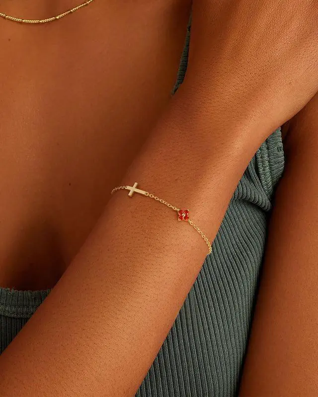 Alt view image 7 of 7 - Birthstone Gold Bracelets for Women Non Tarnish Trendy Clover Cross Bracelet Dainty 14K Gold Plated Blue Green Emerald Bracelets Jewelry Gifts for Christian Confirmation Baptism Religious