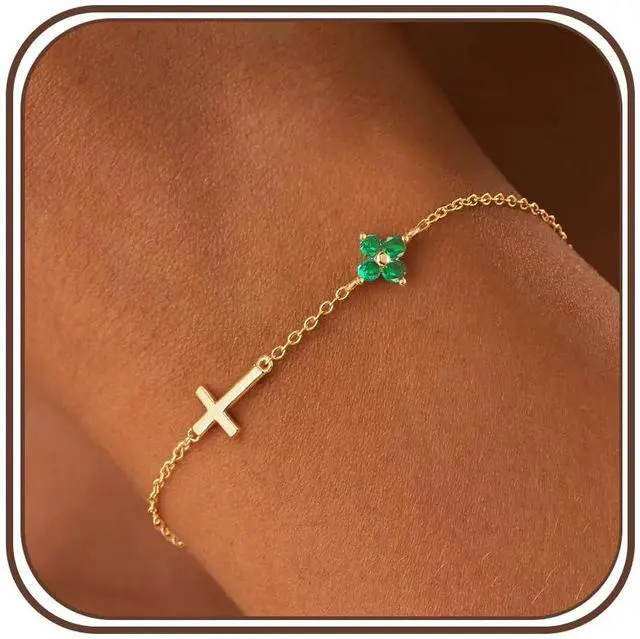 Main image of Birthstone Gold Bracelets for Women Non Tarnish Trendy Clover Cross Bracelet Dainty 14K Gold Plated Blue Green Emerald Bracelets Jewelry Gifts for Christian Confirmation Baptism Religious