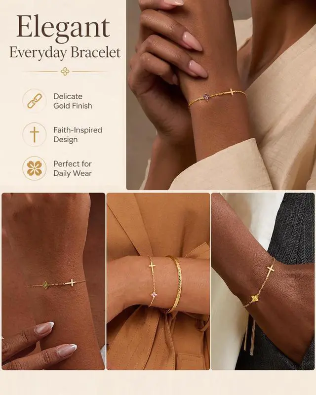 Alt view image 4 of 7 - Birthstone Gold Bracelets for Women Non Tarnish Trendy Clover Cross Bracelet Dainty 14K Gold Plated Blue Green Emerald Bracelets Jewelry Gifts for Christian Confirmation Baptism Religious