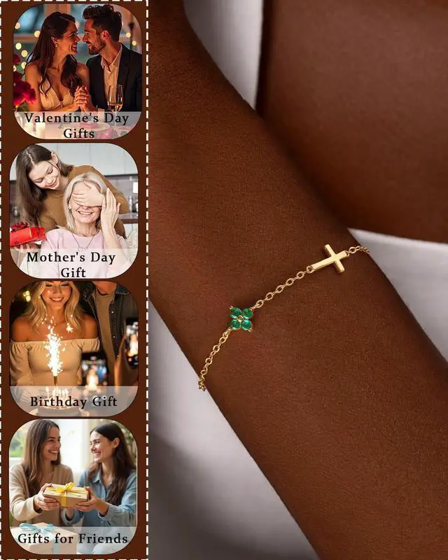 Alt view image 3 of 7 - Birthstone Gold Bracelets for Women Non Tarnish Trendy Clover Cross Bracelet Dainty 14K Gold Plated Blue Green Emerald Bracelets Jewelry Gifts for Christian Confirmation Baptism Religious