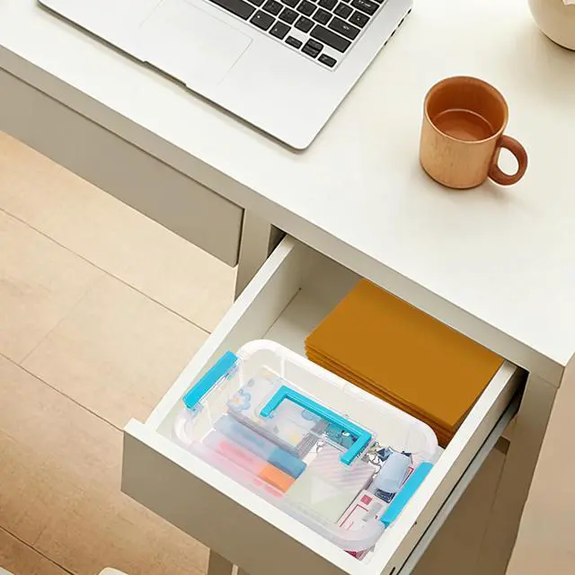 Alt view image 7 of 7 - Clear Plastic Storage Box, Portable Organizer Container with Blue Handle, Stackable Storage Bin for Office Home, Multi-Use Container Box with Lid for Stationery Jewelry Craft Sewing Supplies